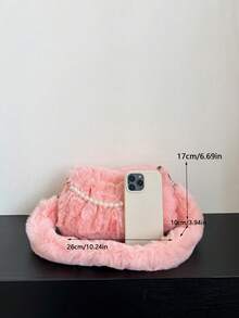 Geantă de mână plisată din pluș, la modă, cu decor de lanț de perle, culoare solidă, geantă de umăr portabilă pentru femei, potrivită pentru toamnă/iarnă, ideală pentru cadouri de sărbători