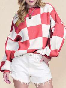 1 件女式红色毛衣，撞色格子针织罗纹加大码套头毛衣，基本款长袖上衣，加大码女式秋冬休闲/商务装 - 西瓜粉 - 查看 3