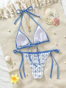Đồ bơi nữ, bikini sọc & hoa nhí phong cách thường ngày, trang phục đi biển nghỉ dưỡng nữ, đồ bơi đính hạt phong cách retro xanh & trắng - Màu xanh lam - Xem 4
