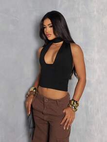 Gringa Multi-Shape Cropped Top With Tie Neckline And Elegant Soft - màu đen - Xem 4