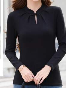 Autumn/Winter New Women's Chinese Style Button Fleece Top, Retro Elegant Fitted Base Shirt - Black - View 3