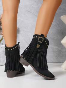Women's Retro Western Ankle Boots - Solid Color, Pointed Toe, Thick Heel, Rivet & Tassel Decor, Slip-On, Comfortable, Suitable For All Seasons, Casual Style - Black - View 5