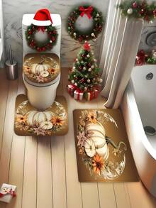 1/4 Pcs Pumpkin Autumn Thanksgiving Shower Curtain Set, Watercolor Floral Pumpkin Bathroom Set For Autumn Thanksgiving Harvest, Includes Shower Curtain And Rug, Waterproof Polyester Fabric Shower Curtain Bathroom And Home Decor, With 12 Hooks, Thanksgiving Decor, Autumn Decor, Halloween, Christmas Decorations Bathroom Decor