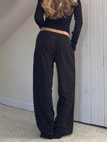 Women's Spring Summer Baggy Pants Low Waist Dot Print Loose Straight Leg Trousers - 黑色 - 查看 3