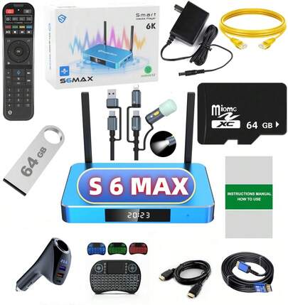 DXBOXHOMIERL SuperBox S6 Max Blue Edition Android TV Box, 6K HDR, 4GB+64GB, Wi-Fi 6, Voice Control + Full Accessories Gift Set
