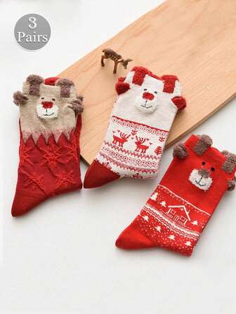3 pares de calcetines de mujer para otoño/invierno, calcetines de media caña navideños con diseños de copos de nieve y renos de dibujos animados, divertidos y con estilo