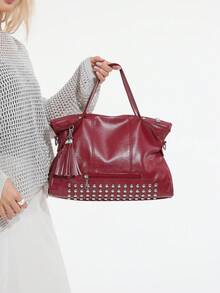 Fashionable New Women's Large Capacity Tote Bag, Minimalist Streetwear Style With Rivet Decor, Multiple Pockets, Zipper Closure, Tassel Pendant, Metal Zipper, Versatile For Travel, Shopping, Commuting