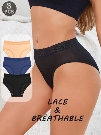 3pcs/Set Solid Color High Waist Lace Patchwork Breathable Maternity Briefs Underwear Set For Women