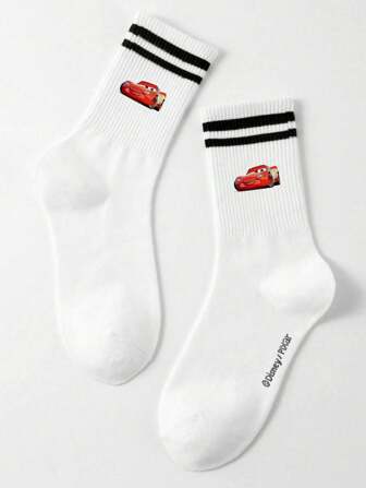 Disney 1 par de calcetines medianos con gráficos de autos para hombres, con patrón de dibujos animados lindos, resistentes al olor y transpirables, calcetines deportivos casuales con rayas, adecuados para estudiantes/adultos como regalos o uso diario
