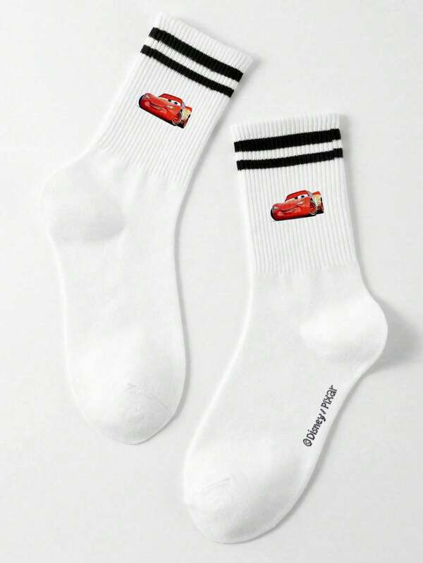 Disney 1 par de calcetines medianos con gráficos de autos para hombres, con patrón de dibujos animados lindos, resistentes al olor y transpirables, calcetines deportivos casuales con rayas, adecuados para estudiantes/adultos como regalos o uso diario