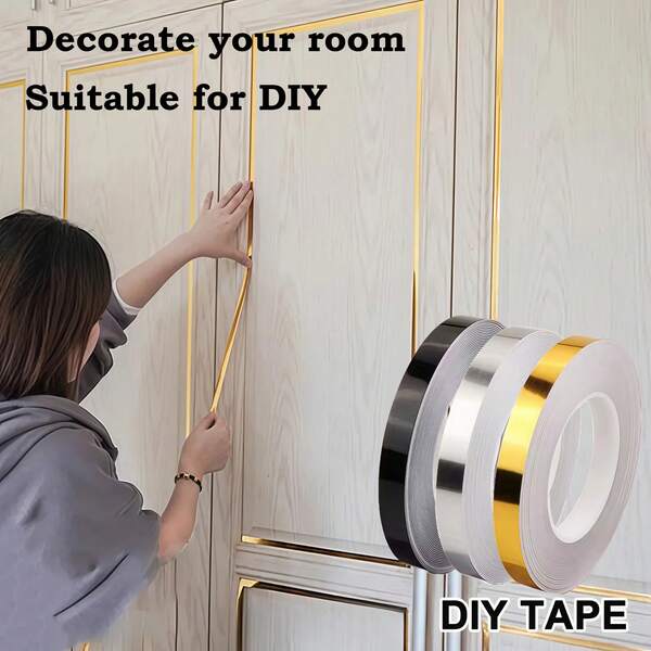 1pc 50m Gold & Black Self-Adhesive Tile Sticker Tape, Waterproof Wall Floor Sealing Strip, Tile Grout Decorative Sticker, Home Decor