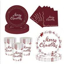 10/20/50 件，深红色和白色圣诞纸盘、杯子和餐巾，红色圣诞冬季雪花一次性餐具套装，带有圣诞老人和驼鹿的圣诞餐具，适合圣诞派对和新年派对的红色银器 - 彩色 - 查看 1