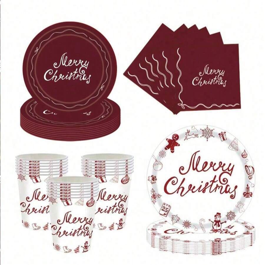 10/20/50 件，深红色和白色圣诞纸盘、杯子和餐巾，红色圣诞冬季雪花一次性餐具套装，带有圣诞老人和驼鹿的圣诞餐具，适合圣诞派对和新年派对的红色银器 - 彩色 - 查看 1