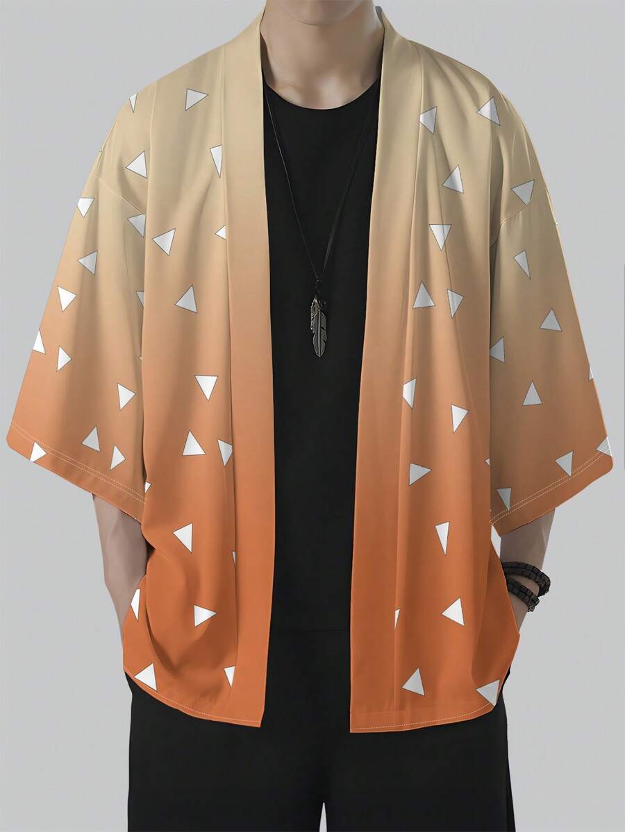 Men's Casual Kimono Cardigan, Chinese Style Hanfu Striped Cardigan, Casual Summer Clothing - Orange - View 1