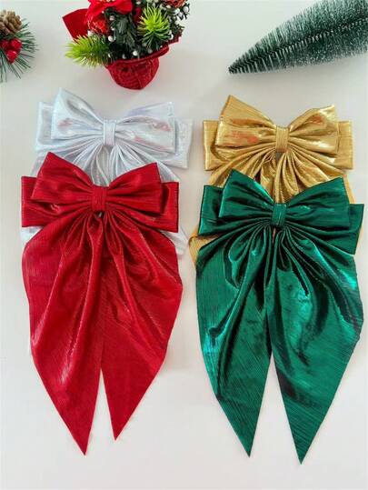 4pcs Christmas Theme Glossy Big Bow Hair Clips, Fabric With Smooth Drape And Fine Vertical Stripes, Reflecting Luxurious Luster Under Light, Suitable For Women's Holiday Party Styling, Enhancing Festive Atmosphere And Fashion, Classic Red, Green, Multi-Color Combinations, Brilliant And Radiant,Gifts,Travel,Gifts For Women,Hair Stuff,Stocking Stuffers