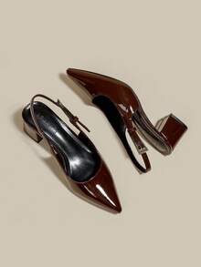 女士咖啡棕色漆皮尖头单带粗跟高跟鞋，优雅尖头正式高跟鞋，时尚露跟高跟鞋 - 咖啡棕 - 查看 6