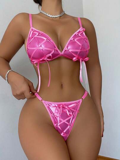 2pcs/Set Sexy Bralette Crisscross Strap Top + Thong Panty