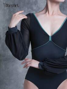 DonsGirl 1 Piece Women's Ballet Leotard - Elegant Bow Neck & Lantern Sleeves | Perfect For Dance Performance, Gymnastics, Ice Skating - 藏蓝色 - 查看 11