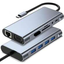 NUO XI 11 合 1 USB C 集线器适配器，带 4K USB C 转 HDTV、VGA、100Mbps 以太网、100W PD、3 USB-A 5Gbps、MicroSD/SD 读卡器，兼容大多数 C 型设备 - 灰色 - 查看 9