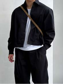 男士纯色短款工装长袖衬衫式外套，复古宽松休闲衬衫领外套，春季款