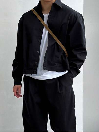 男士纯色短款工装长袖衬衫式外套，复古宽松休闲衬衫领外套，春季款