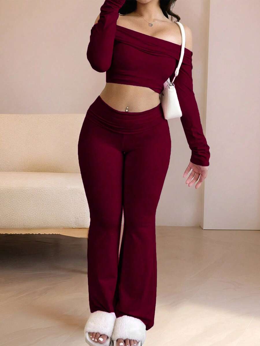 2pcs Women's Set: Off-Shoulder Long Sleeve Crop Top And Flare Pants, Black, Casual Commuter Sporty Style, Autumn Women Outfit - Burgundy - View 1