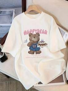 220g multi-color pure cotton T-shirt, soft, easy to breathe in summer, popular and trendy T-shirt recently, moisture wicking, printed with cartoon cake teddy bear pattern, suitable for sports, outdoor travel and weekends, the best gift choice - Blanco - Ver 1