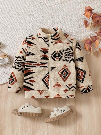 小男孩冬季时尚羊毛夹克，几何图腾印花长袖拉链保暖羊毛外套，适合休闲户外、公园漫步、派对、家庭聚会，引人注目