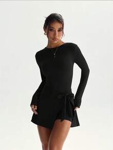 2 In 1 Casual Elegant Golf Tennis Dress With Shorts, Long Sleeve Everyday Basic New Stylish Waist-Tie Advanced Slimming Sexy Figure-Flattering Beautiful Back Tight-Fitting Sports Fitness Waist Yoga Dress - 黑色 - 查看 5