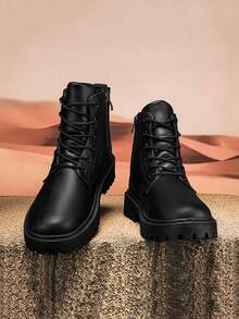 Men's High Top Boots, Autumn/Winter, All-Match Black Leather Casual Shoes, Wear-Resistant Low-Cut Cargo Shoes, New Fashionable Casual Shoes Go With Dress, Lace-Up Metal Eyelets - Black - View 5