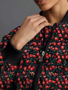 Women's Embroidered Daisy Short Work Jacket, Long-Sleeved Quilted Windbreaker Coat, Fleece-Lined Overcoat - màu đen - Xem 3
