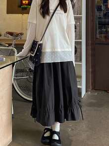 女式A字抽绳腰裙，休闲百搭，秋冬 - 黑色 - 查看 2