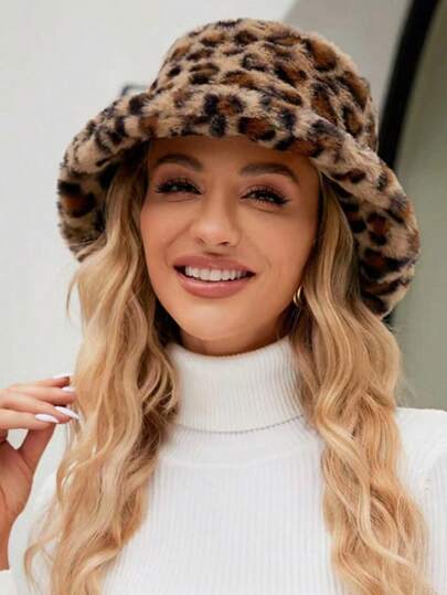 Nuovo cappello a secchiello con stampa leopardata per donna, caldo, versatile, alla moda, casual, stile boho, in poliestere, antivento, adatto per outfit autunnali/invernali