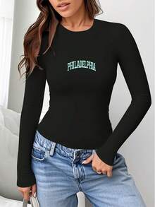 1pc PHILADELPHIA In Bold Letters  Women's Round Neck Long Sleeve Slim Fit T-Shirt, Vintage Y2K  Fashion Clothes, Back To School Clothes, Fall Clothes For Women Tops - 黑色 - 查看 2