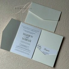 25pcs Tri-Fold Pocket Wedding Invitation Cards With Envelopes, Simple Invitation Cards For Engagement, Christening, DIY Invitations, 5*7 Inch Invitations, Pocket Invitations, Customized Invitations, Christmas Cards - Ivory - View 3