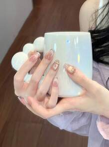 10 件甜美粉色渐变手工指甲按压指甲，3D 蝴蝶结和金属装饰，带圆点猫眼法式指甲片，闪亮全覆盖假指甲，中长棺材指甲，含果冻胶和指甲锉，浪漫风格女士指甲