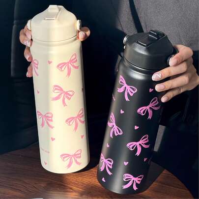 HILAKE 800ml Large Stainless Steel Insulated Water Bottle With Bow Knot Print - Reusable Coffee Cup With Portable Handle And Foldable Straw - Perfect Holiday Gift For Family, Friend, Sister, Girlfriends, And Colleagues - Ideal For Keeping Drinks Hot Or Cold