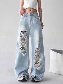 Y2K Girls Loose Distressed Straight Leg Washed Denim Jeans - Blue - View 5