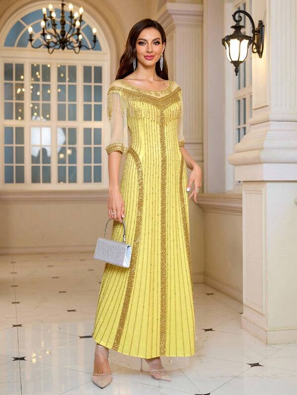 JINLICX Beaded Embroidered Lady-Style Dress Light Luxury Half-Sleeve Long Geometric Pattern Banquet Dress