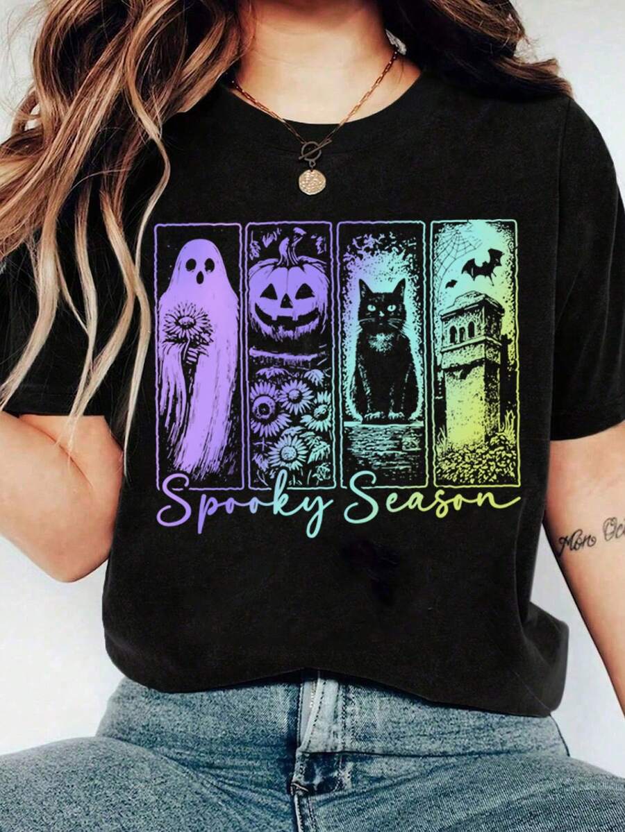 Nightmare Before Christmas Halloween Clothes, Women Halloween Costumes, Women Halloween T-Shirt With Ghost Pattern, Casual Round Neck Short Sleeve T-Shirt - Black - View 1