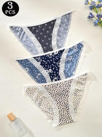 3件装-Pure Desire蕾丝拼接女士三角裤性感豹纹Pure Desire花朵波点女士内裤为身体注入浪漫气息~精致蕾丝低腰设计贴合曲线，不闷汗日常舒适穿着透气隐形日常内裤女