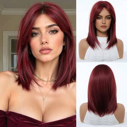 14 Inch Rose Red Layered Bangs Wig, Natural Curved, Fashionable And Versatile, Synthetic Fiber Wig For Women, Suitable For Holidays, Gatherings, And Daily Wear