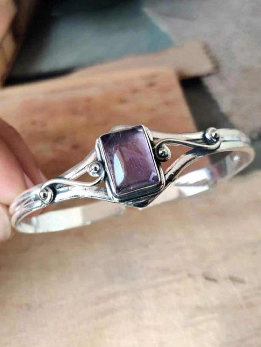 1pc Hollow Geometric Inlaid Square Purple Crystal Open Bangle Bracelet, Vintage Silver-Tone, Fashionable For Women's Daily, Party, Gathering Wear, New Autumn/Winter Jewelry Gift - Màu Bạc Cổ - Xem 1