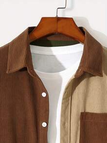 Teenage Boys' Casual Corduroy Contrast Color Block Lapel Long Sleeve Shacket, Versatile Daily Wear - Brown - View 5