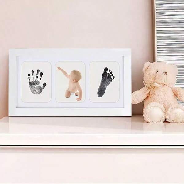 1pc Baby Handprint & Footprint Clay Frame Kit, Includes Black Clay, Imprint Paper, White Frame, Baby Keepsake Gift