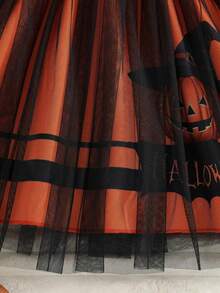 فستان كنزة صوفية مضفر بطبعة اليقطين للبنات مع تنورة من الشبك وحزام، مناسب لهدية حفلة هالوين، خريف/شتاء