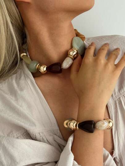 LADYCOCO 2pcs/Set Vintage Boho Exaggerated Resin Beaded Necklace & Bracelet Set, Suitable For Women