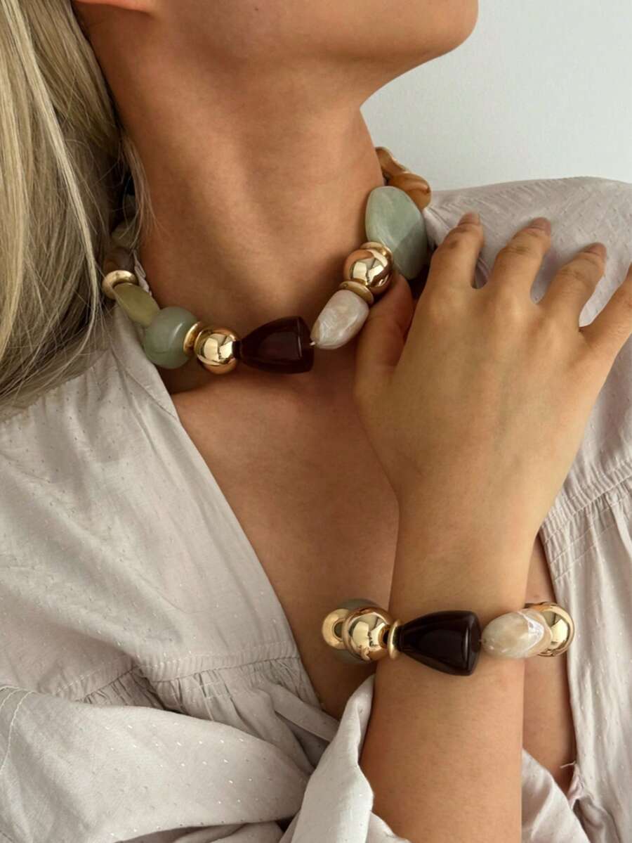 LADYCOCO Set Kalung & Gelang Manik-Manik Resin Gaya Boho Vintage 2pcs/Set, Cocok untuk Wanita