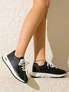 scarpe sportive casual con suola spessa, punta tonda e lacci, comoda e adatta a studenti - nero - Visualizzare 6