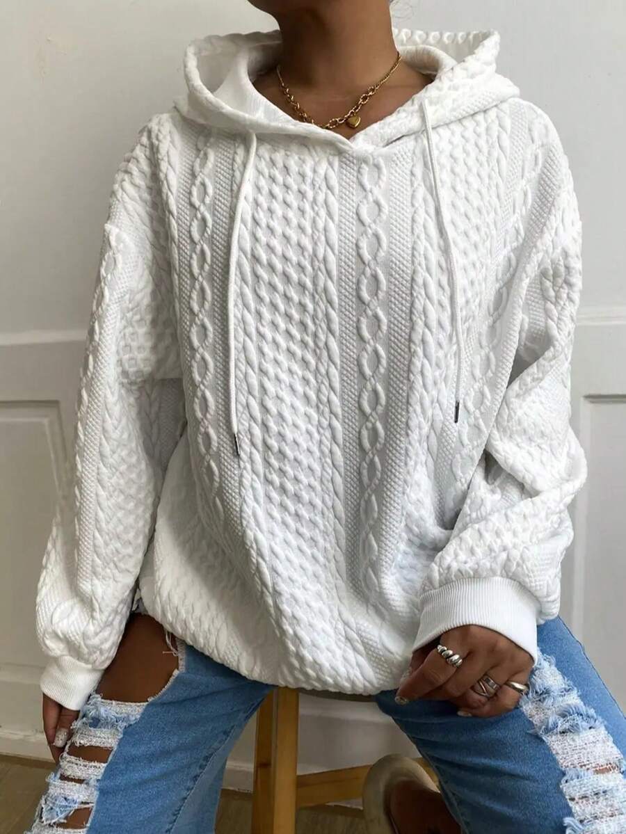 Daily Home Textured Ribbed Knitted Drawstring Hoodie, Casual Long-Sleeved Versatile Sweatshirt Thick Knitted Plain Weave, Women's TOP Fashionable And Elegant - White - View 1
